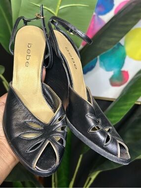 Vtg bebe Black Peep-Toe Cutout Slingback Heels